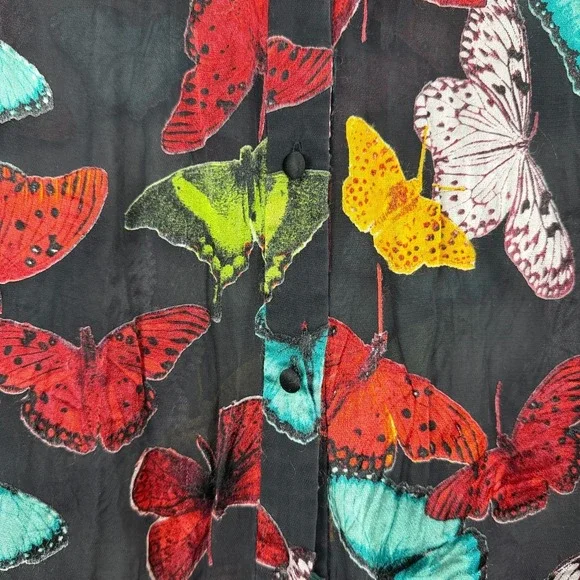 Alice & Olivia Blouse Womens Medium Black Sheila Button Up Butterflies Sheer Top - Picture 4 of 14